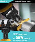 Badass 32 Piece Titanium Oscillating Multi Tool Blade Set For Heavy Duty Metal Cutting Wood Planks Nails Removal And Plastic Demolition Projects With Sharp Kick Ass Edges And Top Shelf Durability, showing titanium coated teeth cutting metal.