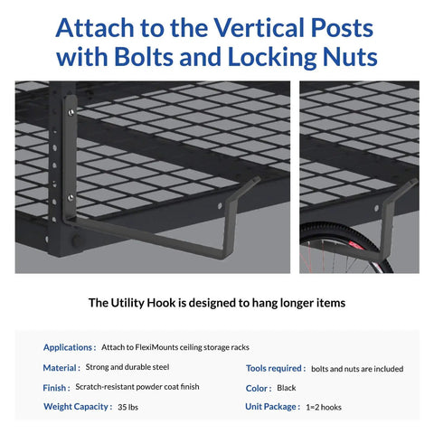 Dual Pack Garage Ceiling Rack Hooks Accessory For Ceiling Storage, Heavy Duty 35 Lbs Rated, Installed on Ceiling Rack