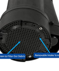 Bottom view of One Third HP Submersible Water Transfer Pump With 2400 GPH Performance Thermoplastic Utility Pump showing intake screen.