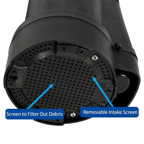 No Hassle Submersible Utility Pump Moves Water Like A Champ With Strong 1/5 Hp Motor Transfers Pond Or Basement Liquid Fast Up To 1600 Gph Includes 10 Ft Cord And Garden Hose Adapter Thermoplastic Shell Black close-up of intake screen with filter holes and removable feature