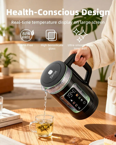 Person pouring water from Electric Tea Kettle With Temperature Control And Glass Body For Tea And Coffee into a glass mug.