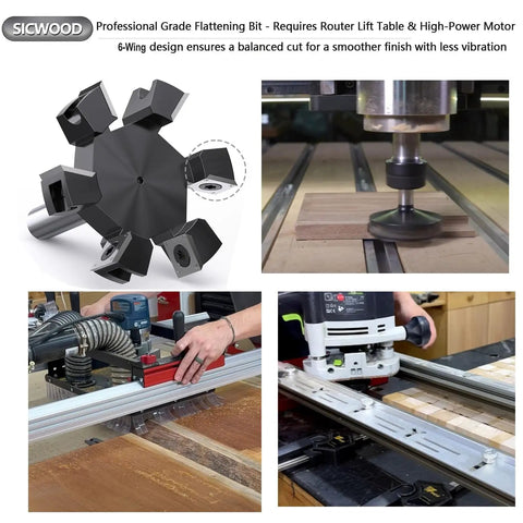 Slab Flattening Router Bit With Half Inch Shank And Six Wing Design For Fast Wood Surfacing, shown in use on CNC machine