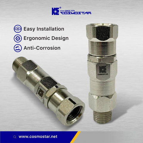 360 Degree Swivel Joint For 1 Quarter Inch Airless Spray Guns Hose Connector, nickel-plated metal swivel fitting shown from two angles