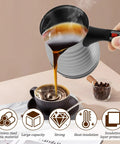 Pouring coffee from Electric Turkish Coffee Maker 17oz Stainless Steel Pot With Foldable Handle Grab And Go Portable Coffee Tea Warmer.