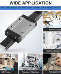 MGN12 450mm Linear Rail Guide With MGN12H Bearing Block for DIY 3D printing, robotic arms, and precision machines, shown in applications.