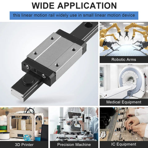 MGN12 450mm Linear Rail Guide With MGN12H Bearing Block for DIY 3D printing, robotic arms, and precision machines, shown in applications.
