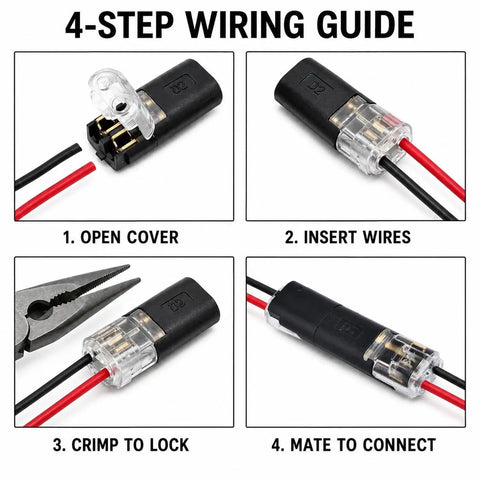 4-step wiring guide for Beefy Heavy Duty No Strip Wire Splice Connectors 2 Pin showing connection steps with pliers.
