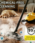 Udodik 300 Degree Steam Cleaner For Home With 21 Accessories And 4.5 Bar Pressure Variable Steam Control Large 1.5L Water Tank in use on wooden floor, cleaning dirt and stains.