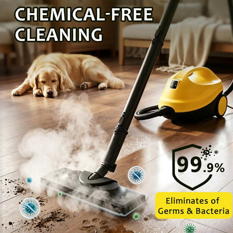 Udodik 300 Degree Steam Cleaner For Home With 21 Accessories And 4.5 Bar Pressure Variable Steam Control Large 1.5L Water Tank in use on wooden floor, cleaning dirt and stains.
