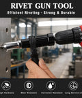 DIY Friendly Pro Grade Rivet Gun Adapter Kit With Drill Attachment in use, black aluminum alloy, detailed view of riveting process