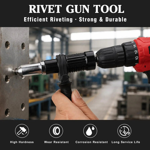 DIY Friendly Pro Grade Rivet Gun Adapter Kit With Drill Attachment in use, black aluminum alloy, detailed view of riveting process