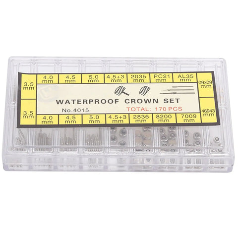 Affordable On The Go Watch Repair Kit with crown and spring bar set in clear plastic case, includes six crown sizes.