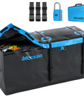 Big 25 Cu Ft Weatherproof Trailer Hitch Cargo Carrier Bag Set with open top, straps, and accessories, 60x24x31 inches.