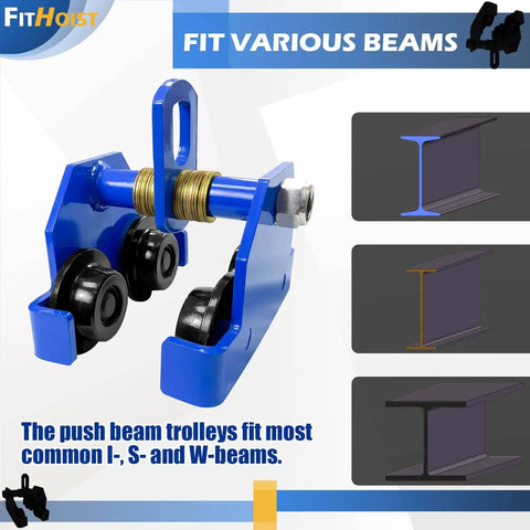 Image of Beefy 2 Ton Steel Push Beam Trolley For Beams 3.9 To 5.9 In Flange Manual Hand Trolley With 4400 Lbs Capacity.