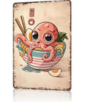 Funny Vintage Metal Sign Octopus In Ramen Bowl Illustration Tin Wall Art 8x12 Inches, showing octopus in a striped bowl.
