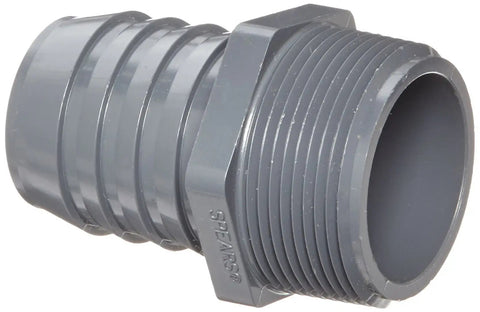 1-1/2 Inch Barbed To NPT Male PVC Tube Fitting Adapter, Schedule 40 Gray, durable plastic for connecting PVC pipe to flexible tubing.