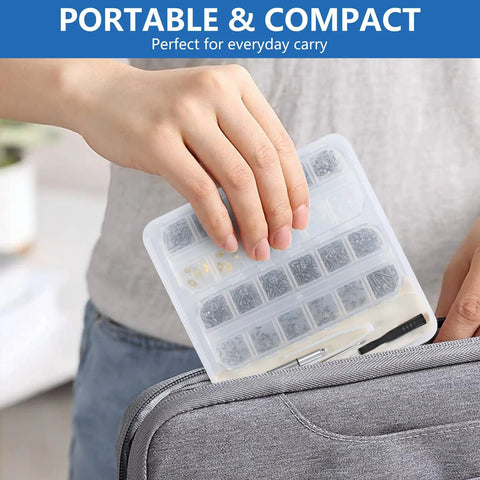 Person placing All In One Magnetic Eyeglasses Repair Kit With Precision Screwdrivers, Tweezers And 580 Pieces in a bag