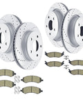Fits Dodge Ram 1500 Durango Chrysler Aspen 5 Lug Front And Rear Drilled And Slotted Brake Rotors With Ceramic Brake Pads Replacement Kit For Smooth Street Ready Stopping Performance, four rotors and ceramic brake pads set in display