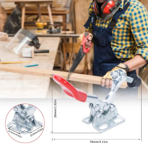 Heavy Duty 4 Pack Quick Release Toggle Clamps For Woodworking And Welding Projects with red handle in woodworking setup.