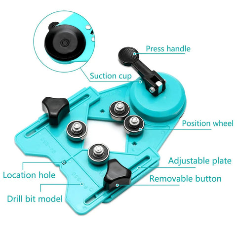 Guide jig from 11 Piece Diamond Tile Hole Saw Set with adjustable plate and suction cup for ceramic glass tile porcelain marble drilling.