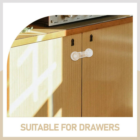 Easy Install Kid Safe Cabinet Locks For Drawers And Fridges, 10 Pack ABS Adhesive Safety Latches on wooden cabinet