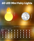 Battery Operated Globe Fairy String Lights With Remote, 21Ft Long, 60 Warm White LEDs, globe size comparison to quarter