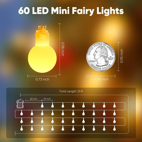Battery Operated Globe Fairy String Lights With Remote, 21Ft Long, 60 Warm White LEDs, globe size comparison to quarter