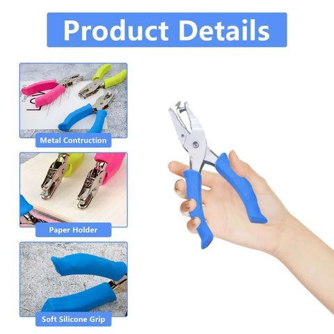 Hand holding 12 Piece Multicolor Single Hole Puncher Set, Quarter Inch Metal Handheld Circle Punch with Soft Grip, showing key features.