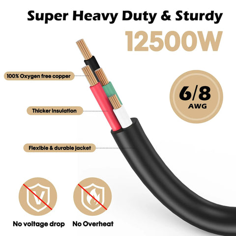 Tough As Nails 50 Amp Range Power Cord 10 Foot Extension Cable featuring sturdy 6/8 AWG copper wires and thick insulation.