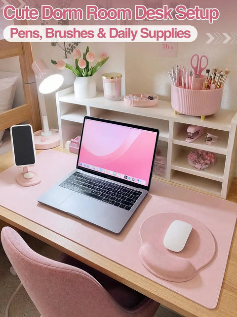 Nine Piece Cute Pink Desk Accessories Set for Women with rotating pen holder, desk mat, wrist rest, and phone stand.