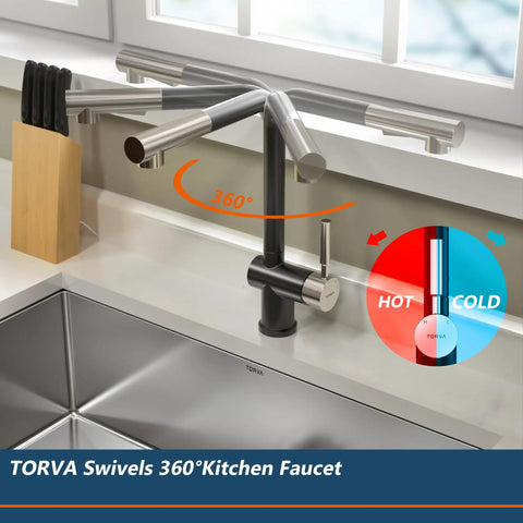 Pull Down Kitchen Faucet With Deck Plate And Sprayer, Dual Tone Matte Black And Chrome Finish, 360-degree swivel design