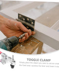 Using Two Pack Quick Toggle Clamps For Woodworking And Assembly Projects on door hinge, zinc plated, red handle visible.