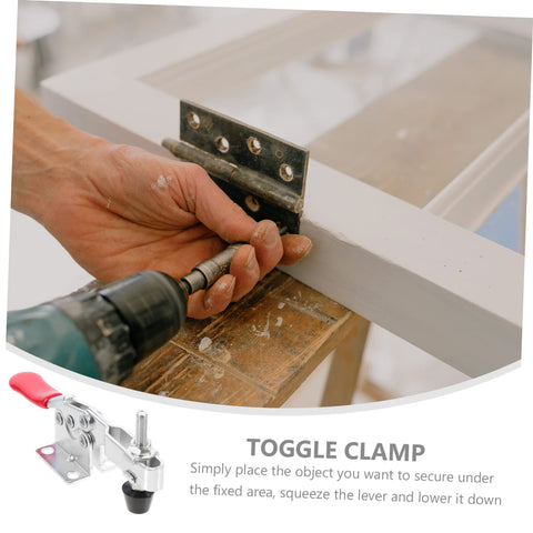 Using Two Pack Quick Toggle Clamps For Woodworking And Assembly Projects on door hinge, zinc plated, red handle visible.