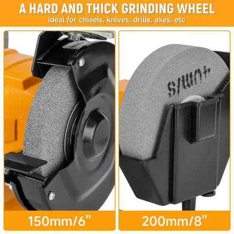 Heavy Duty Wet Dry Bench Grinder With Six And Eight Inch Grinding Wheels Powered By A Rugged 2.1 Amp Motor showing 6" and 8" wheels.
