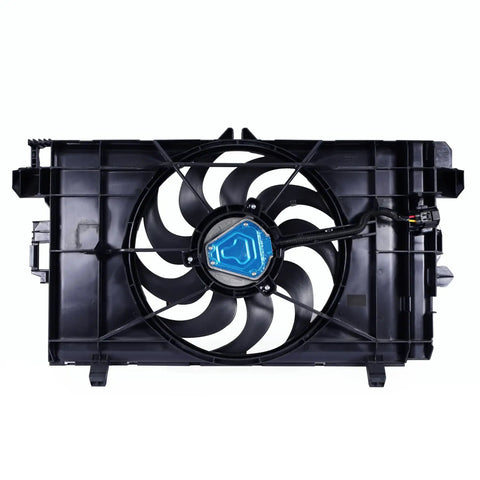 Knockout Direct Swap Tesla Model 3 Radiator Cooling Fan Assembly With Brushless Motor Fits 2017 Through 2021, top view showing black fan blades.