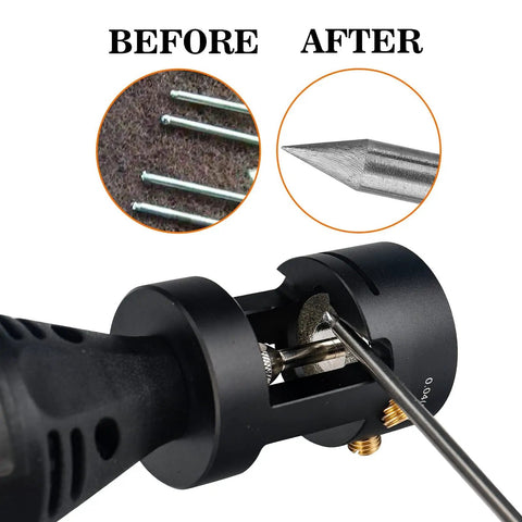Close-up of Tungsten Electrode Sharpener Grinder Head For TIG Welders With Cut Off Slot Multi Angle Offsets in use