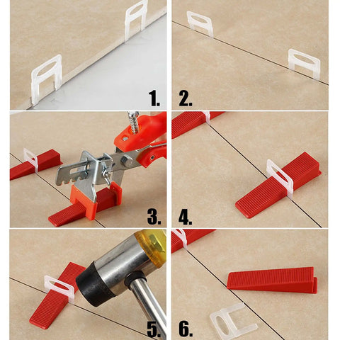 Steps showing Pro Grade Tile Leveling System Kit 1/8 Inch With 500 Spacers 100 Wedges And 1 Floor Tile Plier Lever install process