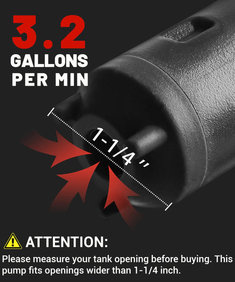 USB Charged Electric Fuel Transfer Pump nozzle demonstration, showing 1-1/4 inch fitting for fast 3.2 GPM transfer rate.