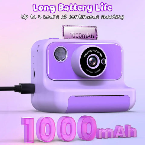 Kid Camera With Instant Print And Fun Features For Kids, 2.4 Inch LCD Screen, 10x Digital Zoom, Flashlight, Time Lapse, Burst Shooting, DIY Frames, 21 Cute Frames, 8 Mirror Effects, 6 Filters, MP3 Player, Great Christmas And Birthday Gift purple instant print camera with 1000mAh battery and charging cable