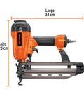 Heavy Duty 16 Gauge Pneumatic Air Brad Nailer Shoots One Inch Up To Two And One Half Inch Brads Side View with Ergonomic Grip and Measurements