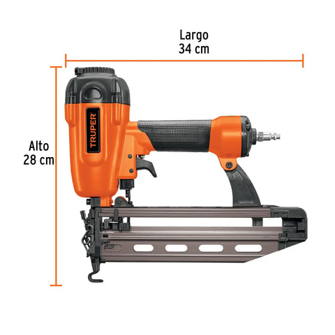 Heavy Duty 16 Gauge Pneumatic Air Brad Nailer Shoots One Inch Up To Two And One Half Inch Brads Side View with Ergonomic Grip and Measurements