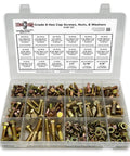 Hex Cap Screws Nuts Washers And Lock Washers Assortment Kit 380 Pieces In Sizes One Quarter Inch Five Sixteenths Inch Three Eighths Inch Zinc Yellow Finish Packed With Handy 18 Hole Storage Box image showing organized fasteners set