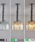 Modern Crystal Chandelier With K9 Crystals And Warm Gold Frame, 4 Light Flush Mount Ceiling Fixture In Chrome Finish illuminated and off