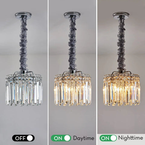 Modern Crystal Chandelier With K9 Crystals And Warm Gold Frame, 4 Light Flush Mount Ceiling Fixture In Chrome Finish illuminated and off