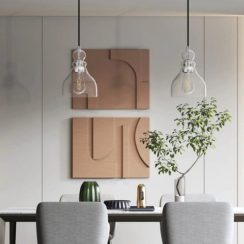 Dining room with 3 Pack One Light Pendant Ceiling Light For Kitchen Island 6.5 Inch Hand Blown Seeded Glass Brushed Nickel Finish