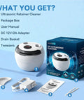 Ultrasonic Retainer Cleaner Machine 45kHz with accessories including package box, user manual, adapter, basket, and tweezers.