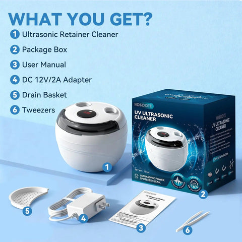 Ultrasonic Retainer Cleaner Machine 45kHz with accessories including package box, user manual, adapter, basket, and tweezers.