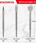 All In One Heavy Duty 3 Piece SDS Plus Chisel Set For Rotary Hammer Drills With Storage Case displayed on marble background