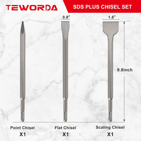 All In One Heavy Duty 3 Piece SDS Plus Chisel Set For Rotary Hammer Drills With Storage Case displayed on marble background