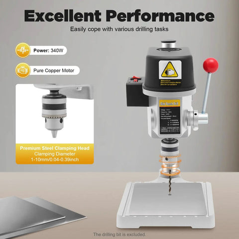 Solid Cast Iron Mini Benchtop Drill Press 340W 110V Portable Electric Power Tool with steel clamping head for precise drilling.